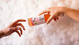 Eine Flasche YO BOOCH Craft Kombucha Strawberry Mint wird vor einem weißen wolkigen Hintergrund von Hand zu Hand gereicht