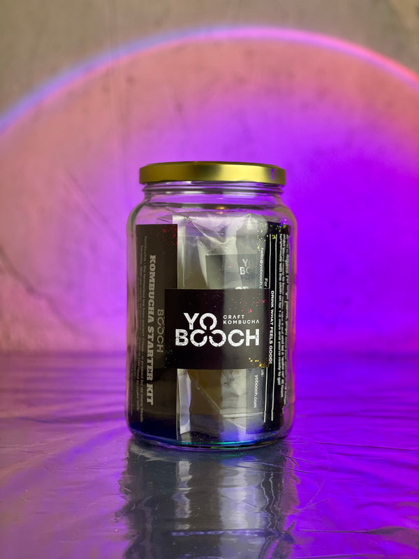Fully contained yo booch diy kombucha starter kit enclosed in the glass jar
